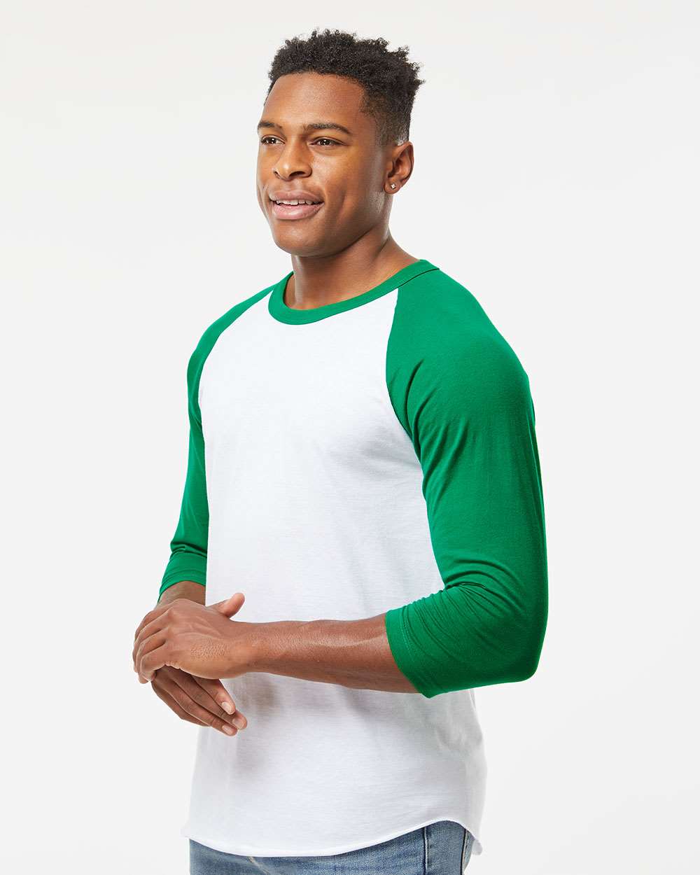 Unisex Fine Jersey Raglan T-Shirt - OnModelSide - B30359182 - White/ Kelly