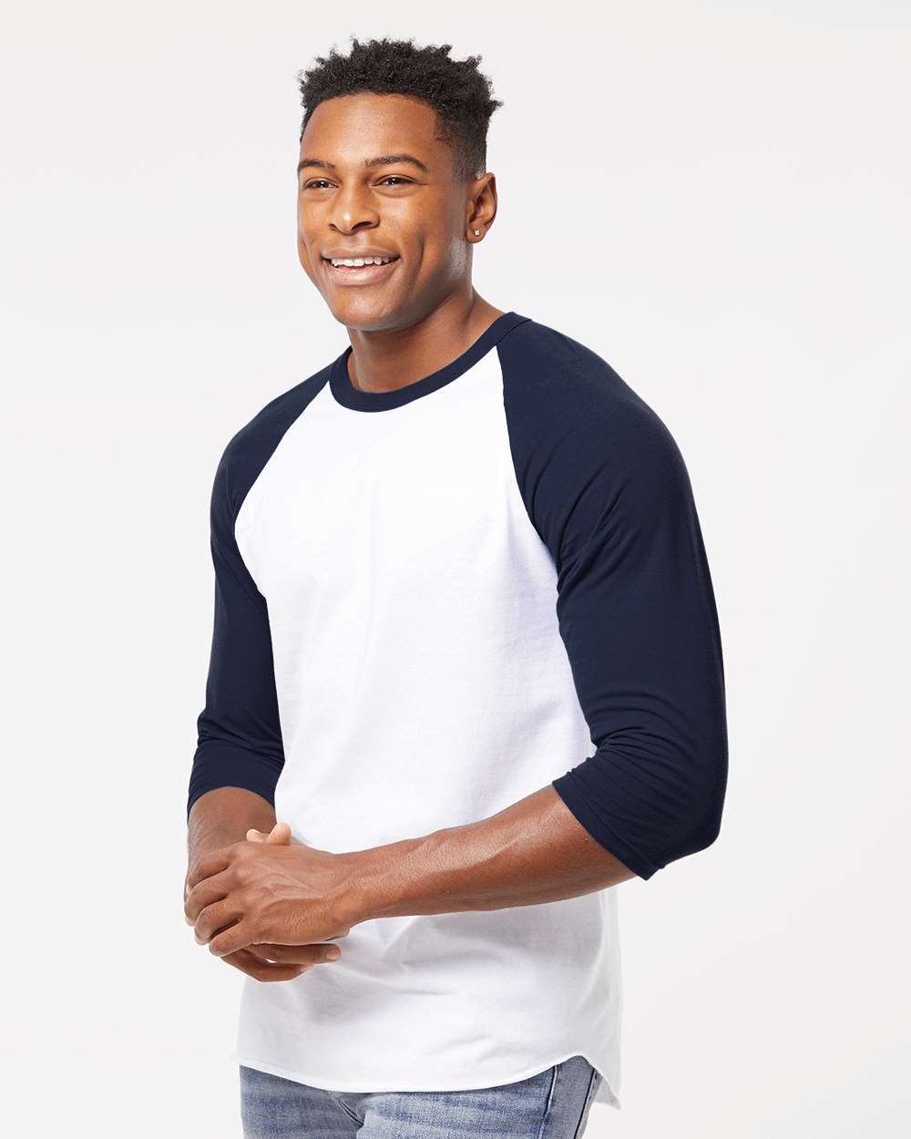 Unisex Fine Jersey Raglan T-Shirt - OnModelSide - B30359192 - White/ Navy