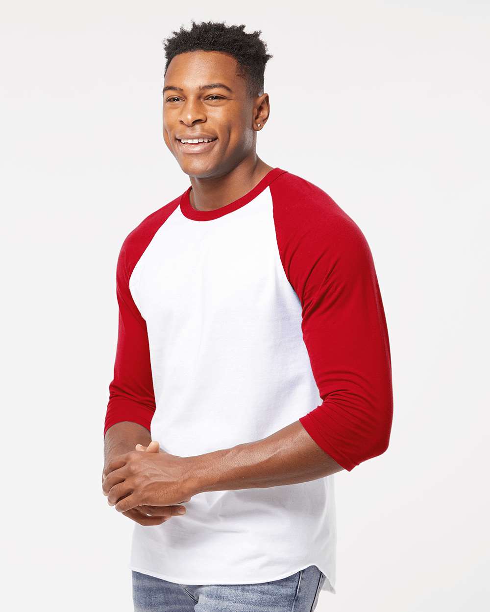Unisex Fine Jersey Raglan T-Shirt - OnModelSide - B30359202 - White/ Red