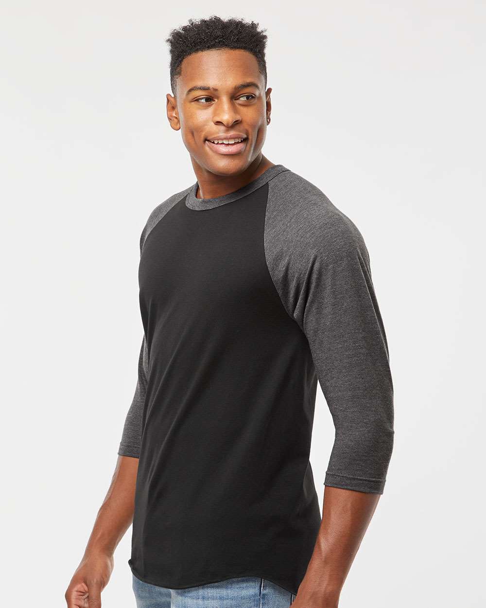 Unisex Fine Jersey Raglan T-Shirt - OnModelSide - B30359582 - Black/ Heather Charcoal