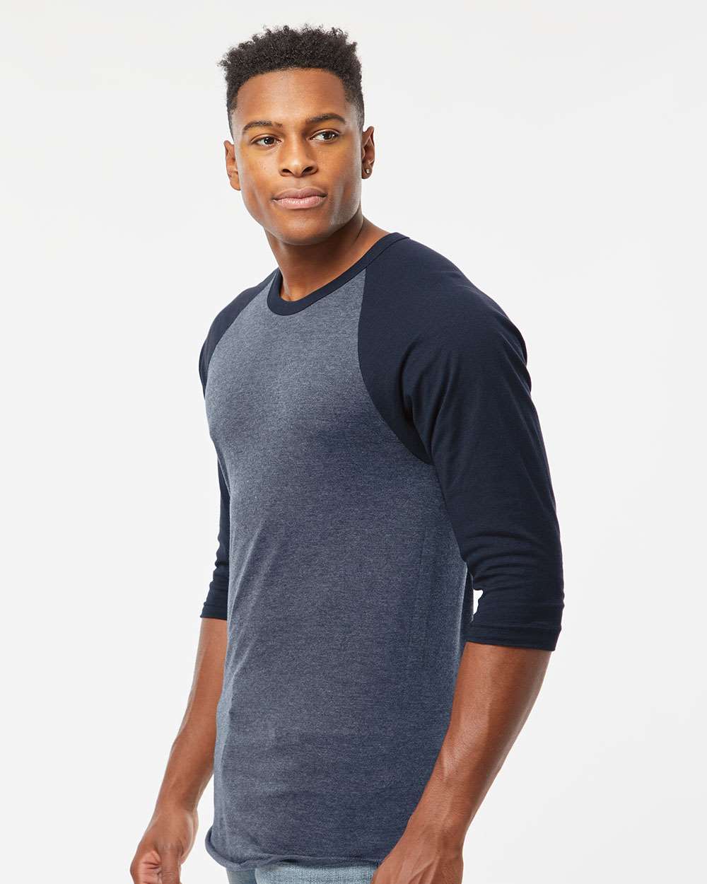 Unisex Fine Jersey Raglan T-Shirt - OnModelSide - B30359652 - Heather Denim/ Navy