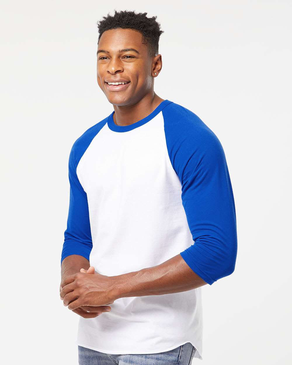 Unisex Fine Jersey Raglan T-Shirt - OnModelSide - B30359752 - White/ Royal