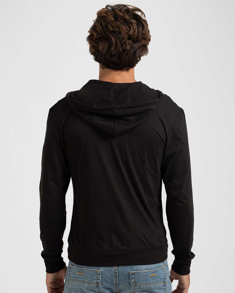 Unisex Beach Full-Zip Hooded Long Sleeve T-Shirt - OnModelBack - B30759502 - Black