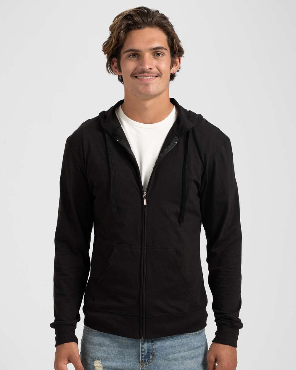 Unisex Beach Full-Zip Hooded Long Sleeve T-Shirt - OnModelFront - B30759502 - Black