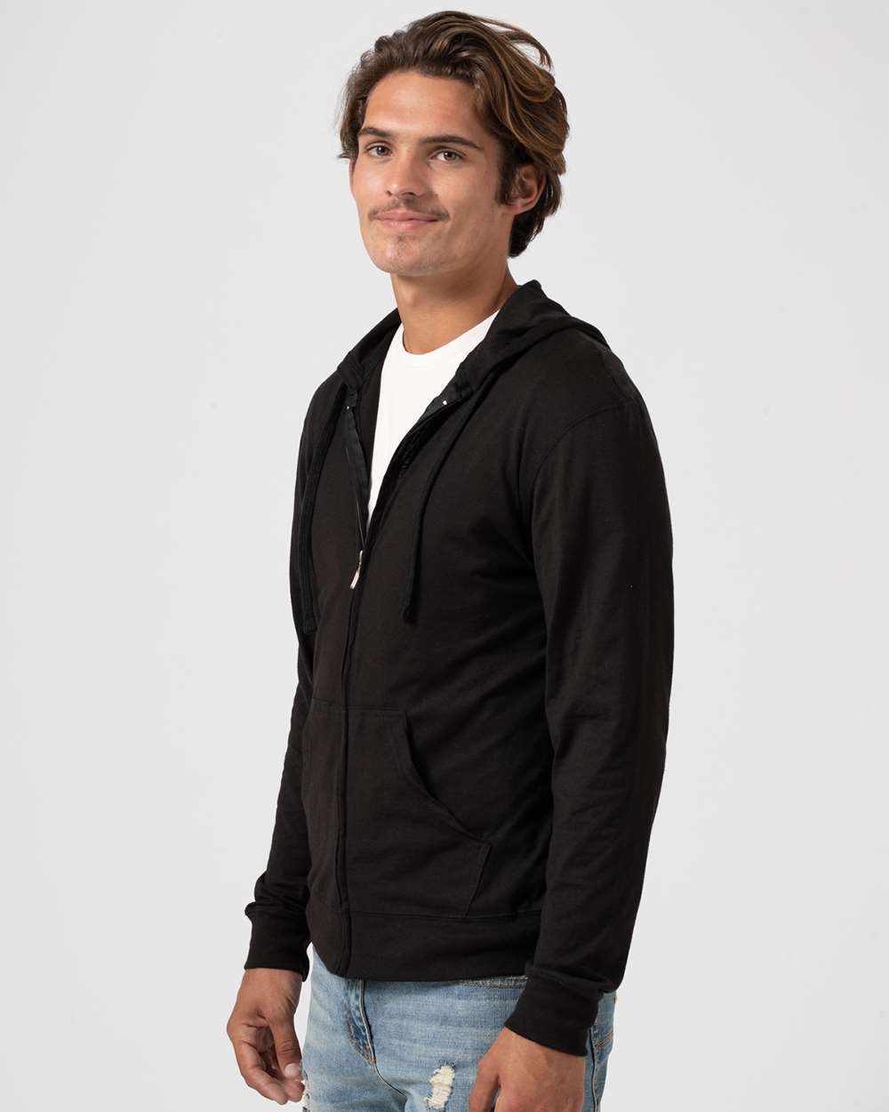 Unisex Beach Full-Zip Hooded Long Sleeve T-Shirt - OnModelSide - B30759502 - Black