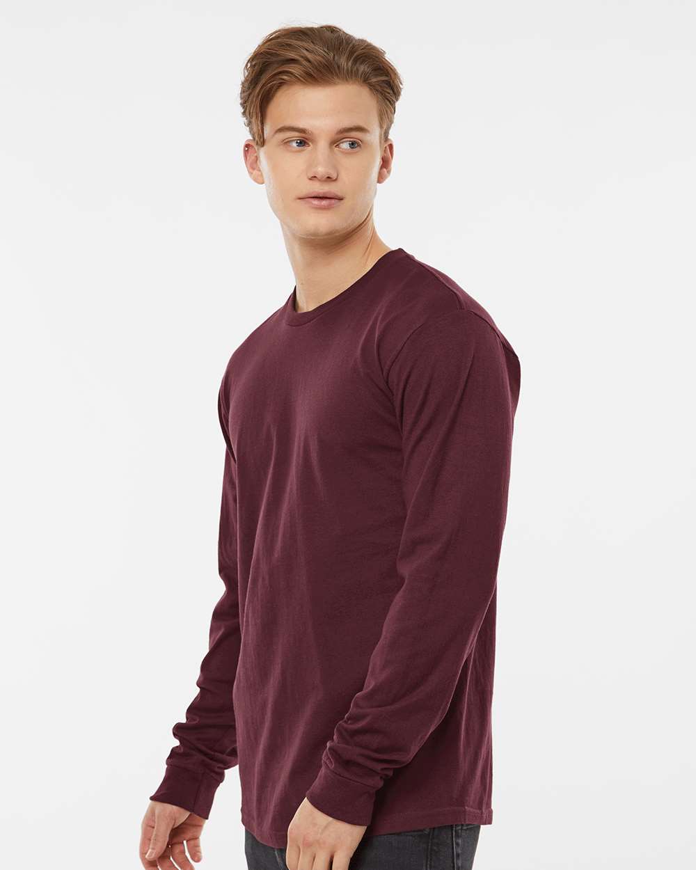 Unisex Heavyweight Jersey Long Sleeve T-Shirt - OnModelSide - B31059703 - Burgundy
