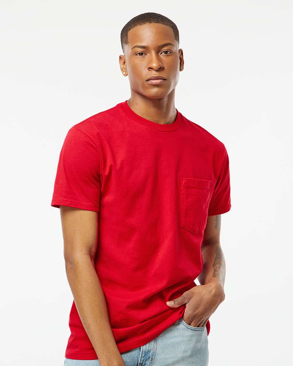 Unisex Heavyweight Jersey Pocket T-Shirt - OnModelFront - B31159703 - Red