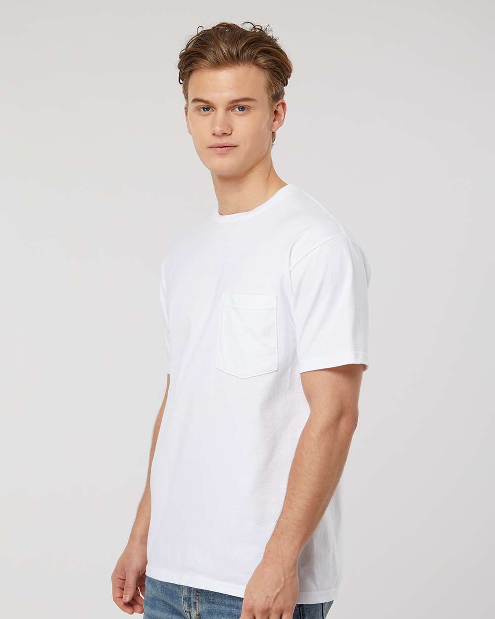 Unisex Heavyweight Jersey Pocket T-Shirt - OnModelSide - B31159003 - White