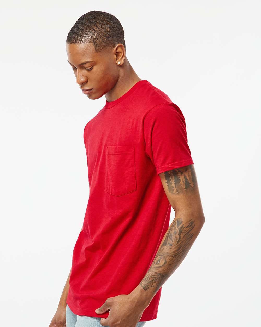 Unisex Heavyweight Jersey Pocket T-Shirt - OnModelSide - B31159703 - Red