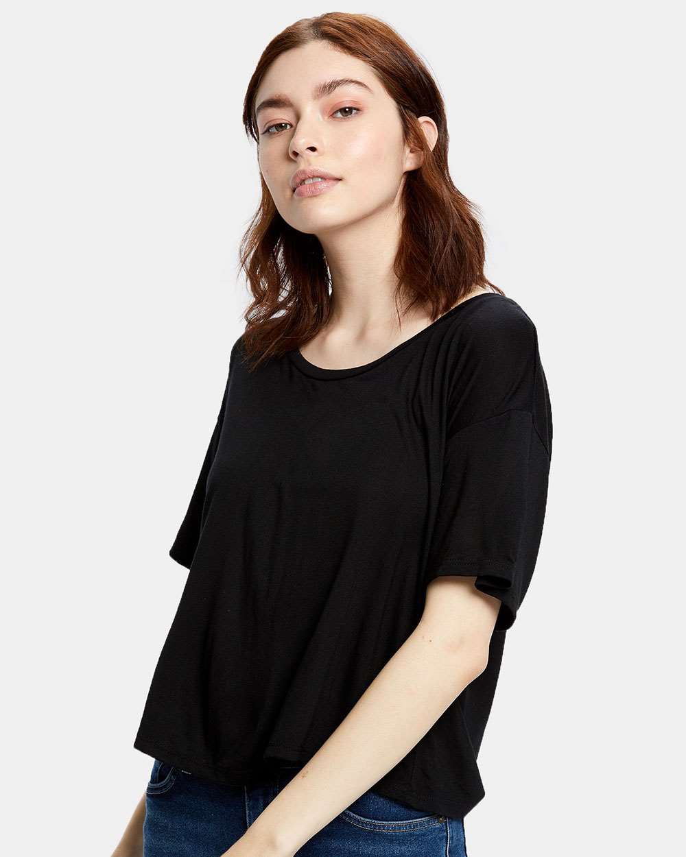 Women's Boxy Open Neck Tee - OnModelFront - B10873503 - Black