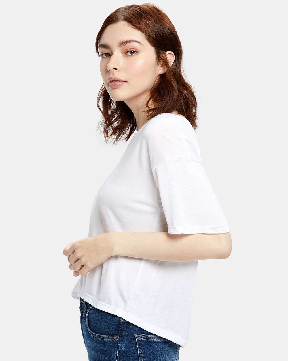 Women's Boxy Open Neck Tee - OnModelSide - B10873003 - White