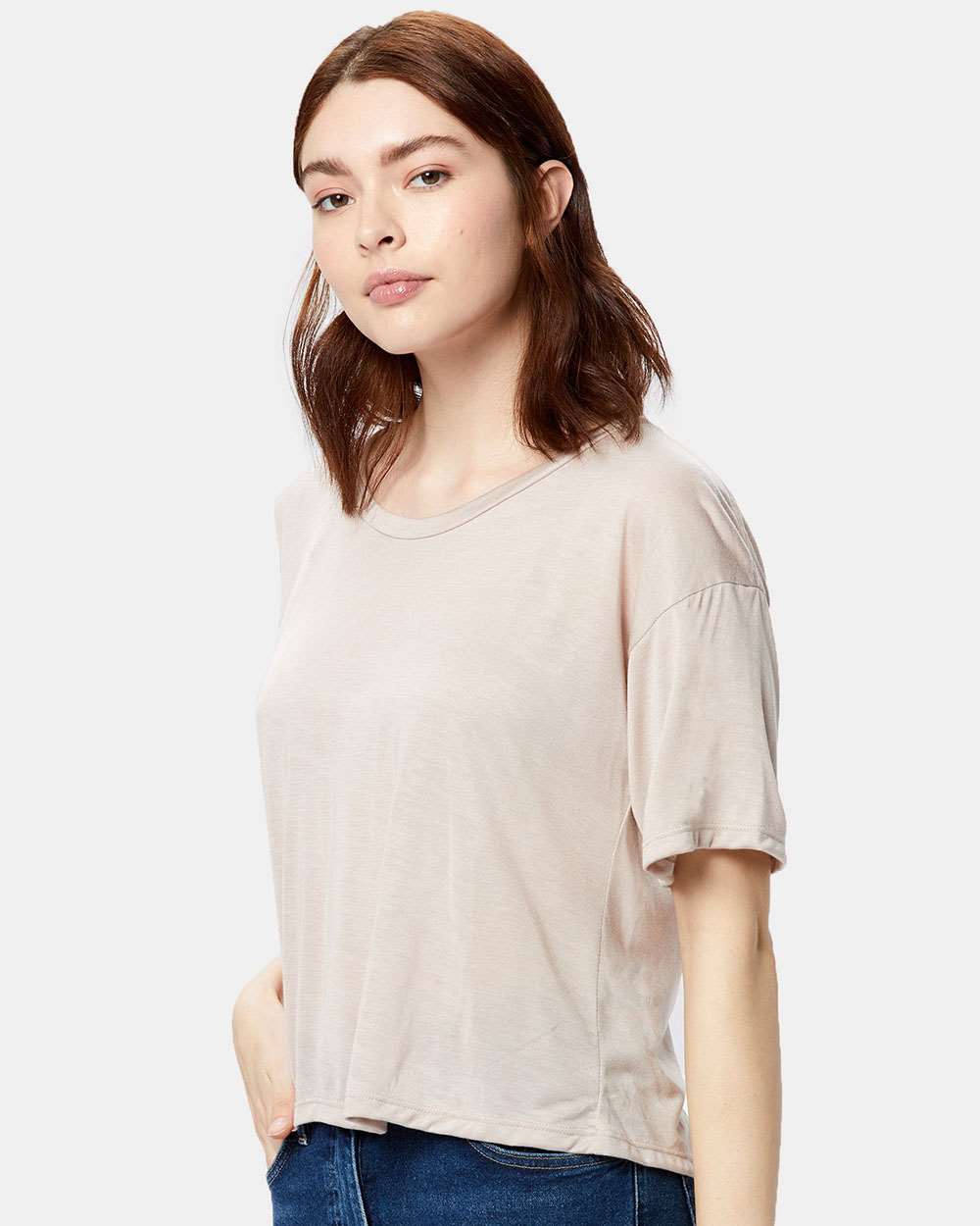 Women's Boxy Open Neck Tee - OnModelSide - B10873303 - Champagne