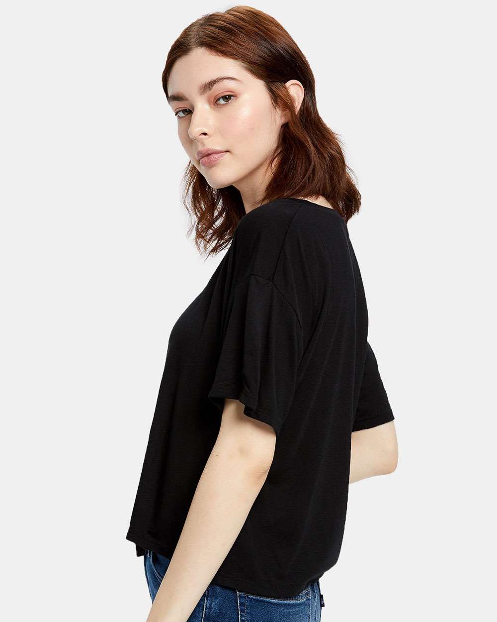 Women's Boxy Open Neck Tee - OnModelSide - B10873503 - Black