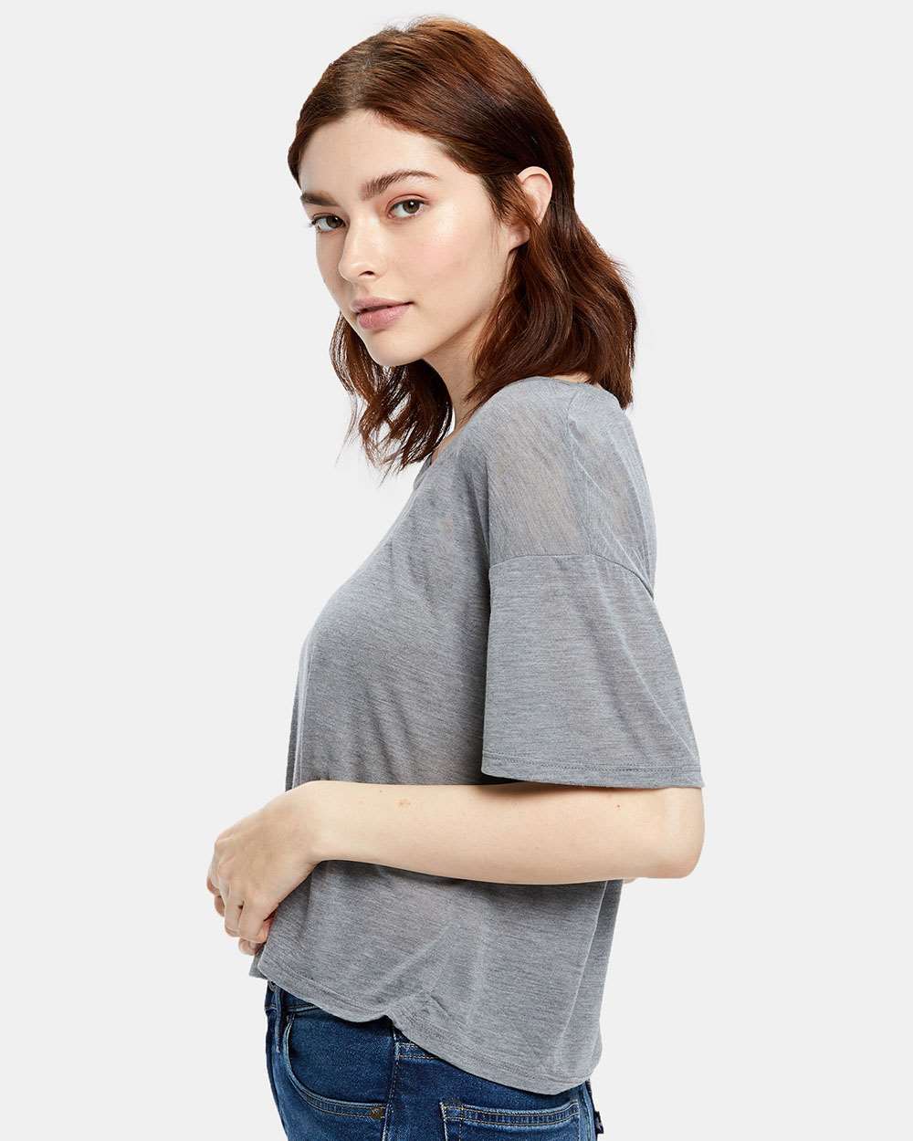 Women's Boxy Open Neck Tee - OnModelSide - B10873593 - Heather Grey