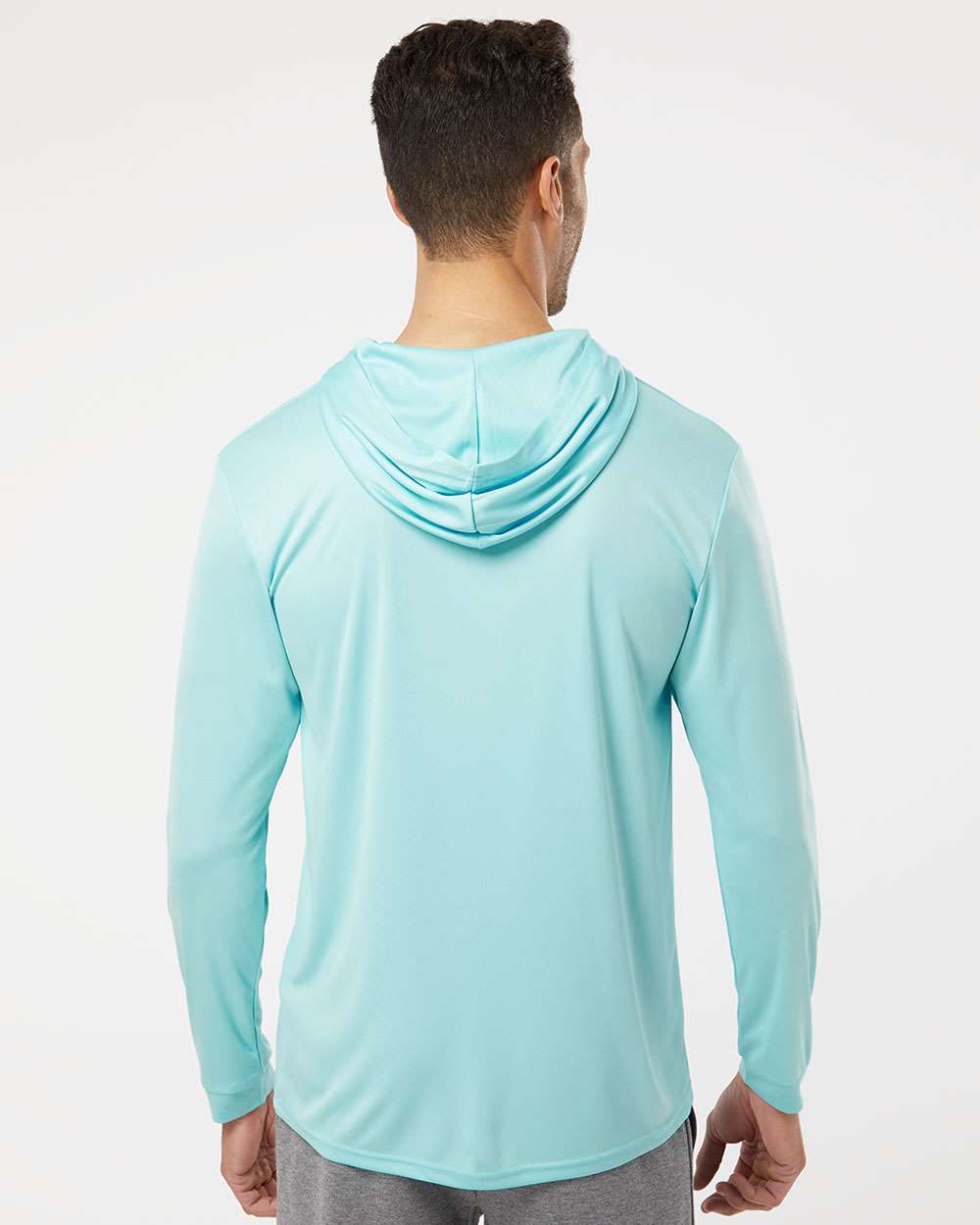 Unisex Bahama Performance Hooded Long Sleeve T-Shirt - OnModelBack - B10571172 - Aqua Blue