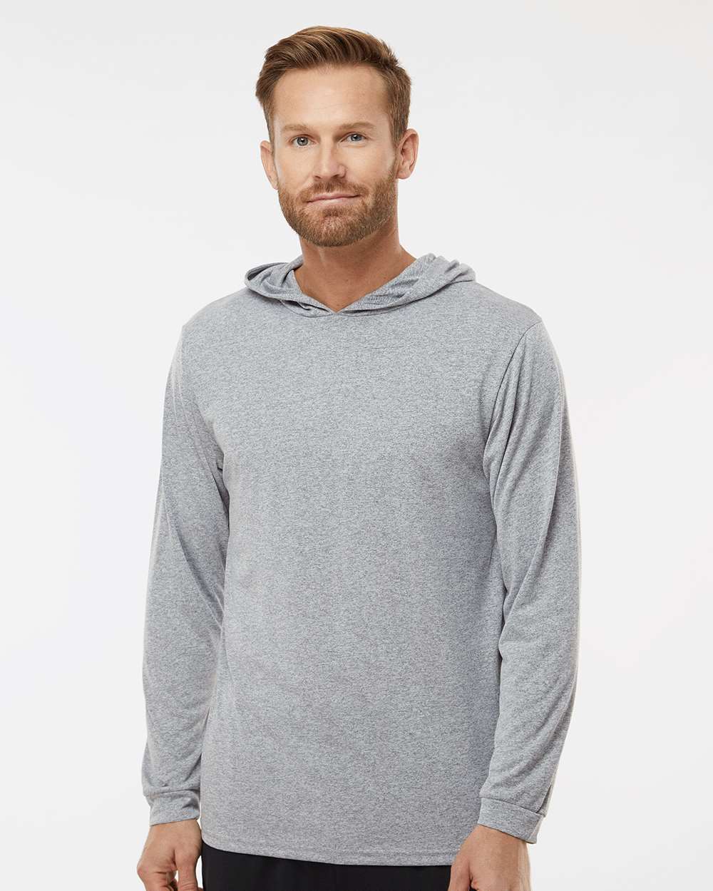 Unisex Bahama Performance Hooded Long Sleeve T-Shirt - OnModelFront - B10571082 - Heather Grey