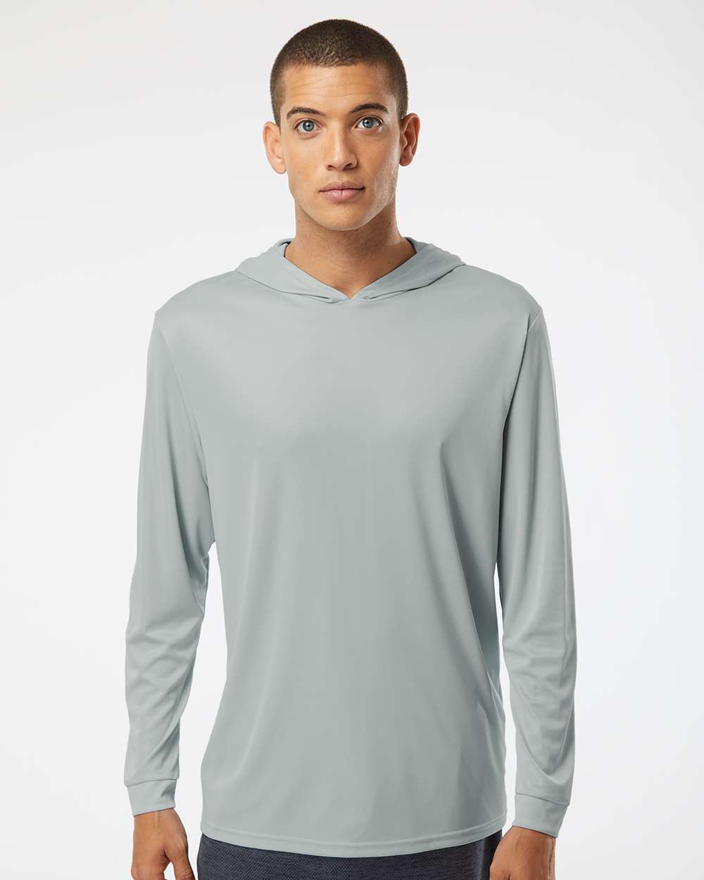 Unisex Bahama Performance Hooded Long Sleeve T-Shirt - OnModelFront - B10571092 - Medium Grey