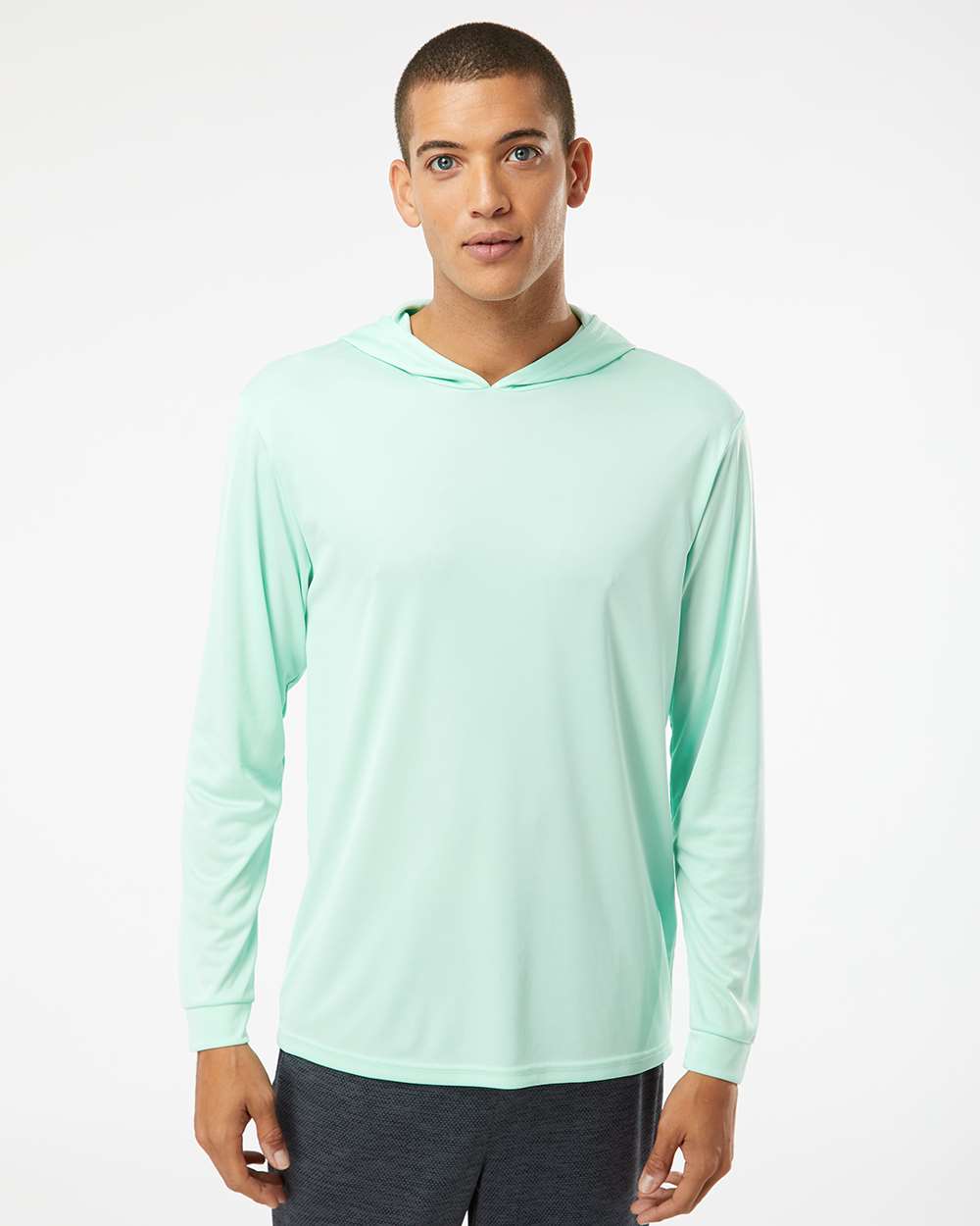 Unisex Bahama Performance Hooded Long Sleeve T-Shirt - OnModelFront - B10571102 - Mint Green