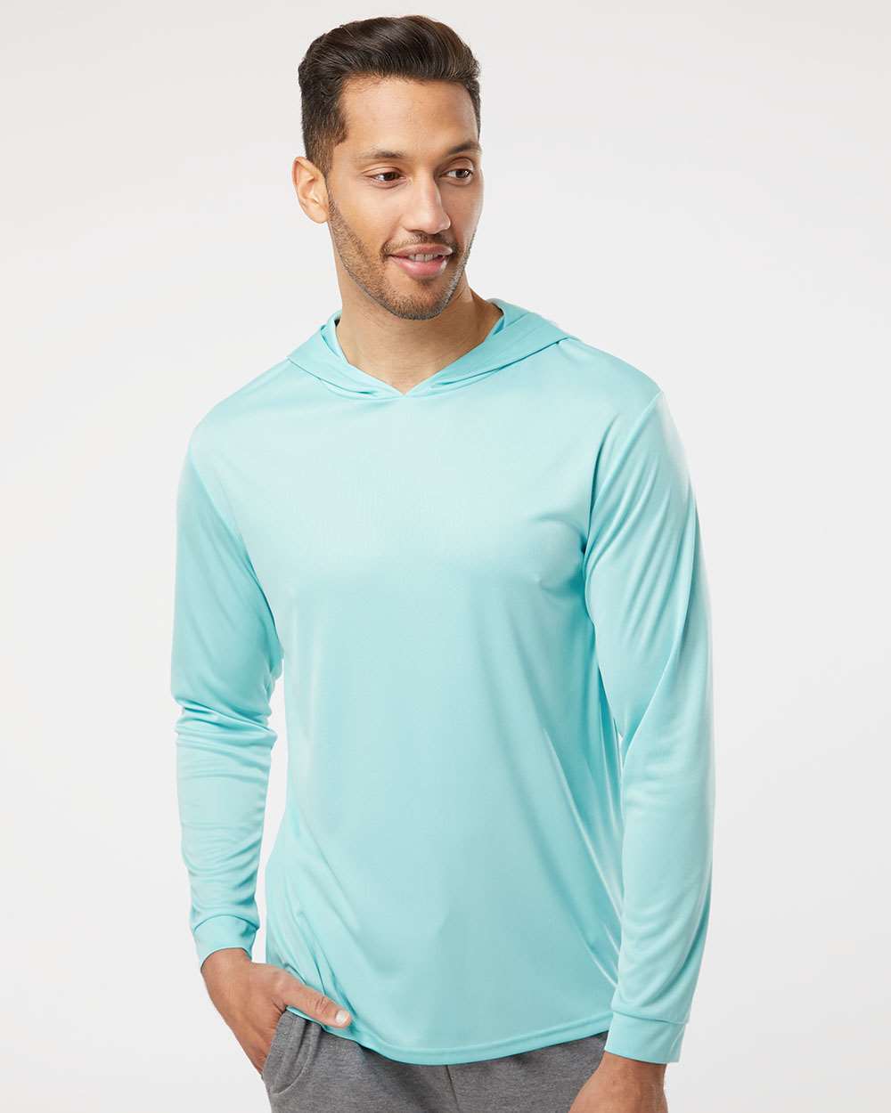 Unisex Bahama Performance Hooded Long Sleeve T-Shirt - OnModelFront - B10571172 - Aqua Blue