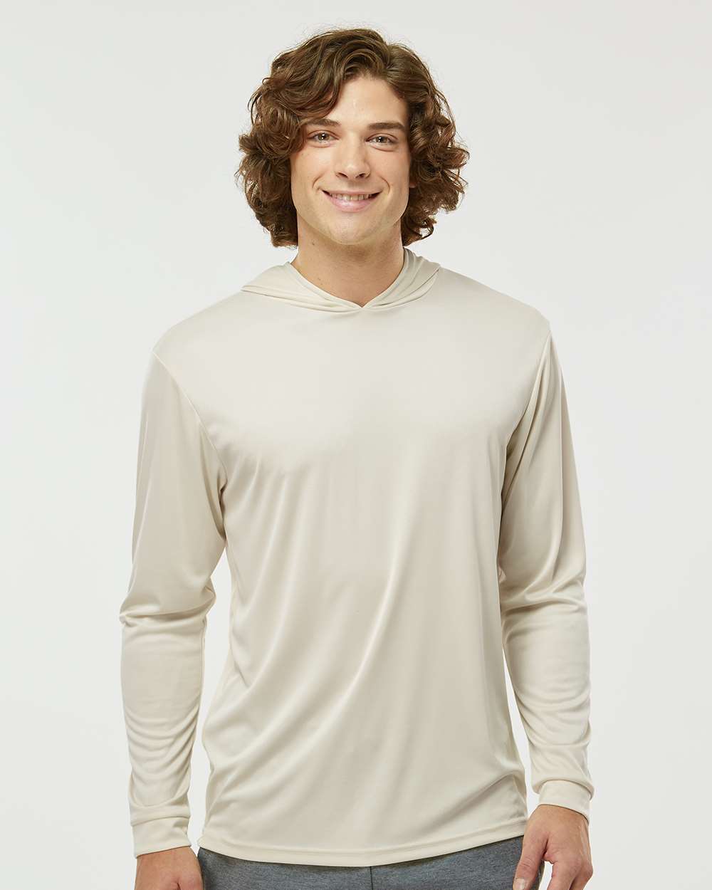 Unisex Bahama Performance Hooded Long Sleeve T-Shirt - OnModelFront - B10571242 - Sand