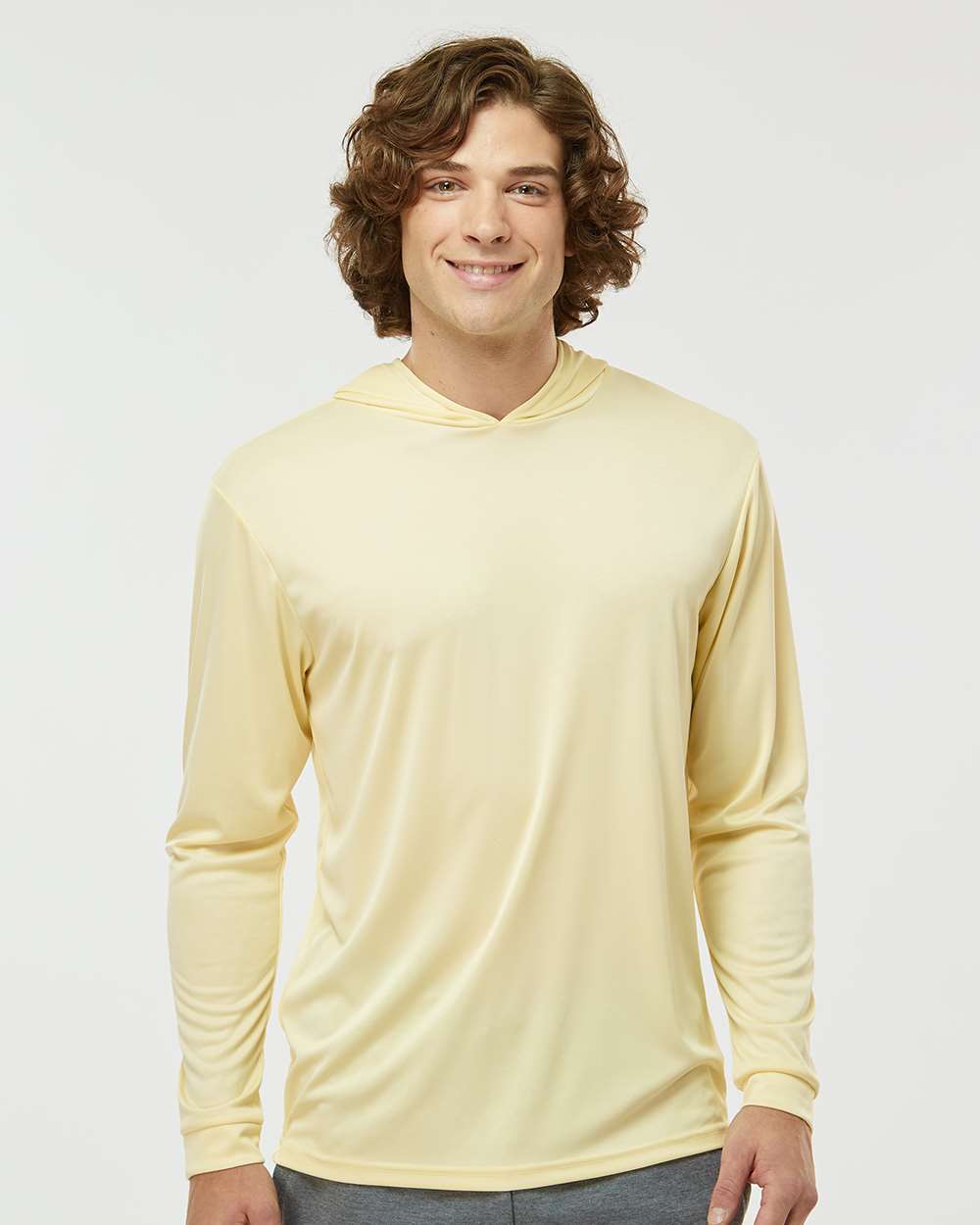Unisex Bahama Performance Hooded Long Sleeve T-Shirt - OnModelFront - B10571402 - Pale Yellow