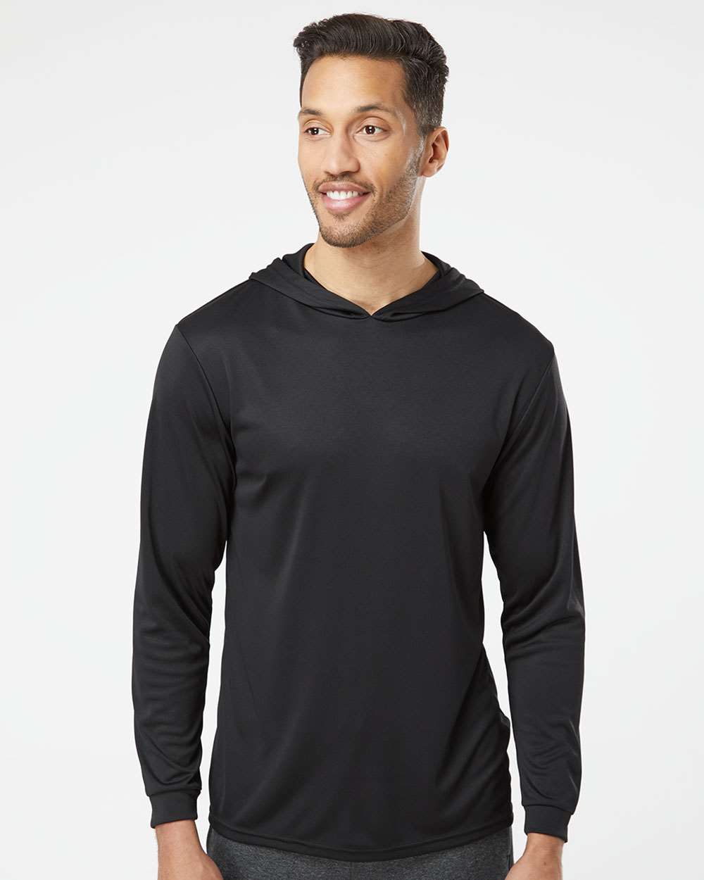 Unisex Bahama Performance Hooded Long Sleeve T-Shirt - OnModelFront - B10571502 - Black