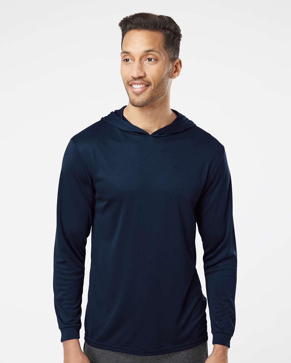 Unisex Bahama Performance Hooded Long Sleeve T-Shirt - OnModelFront - B10571652 - Navy
