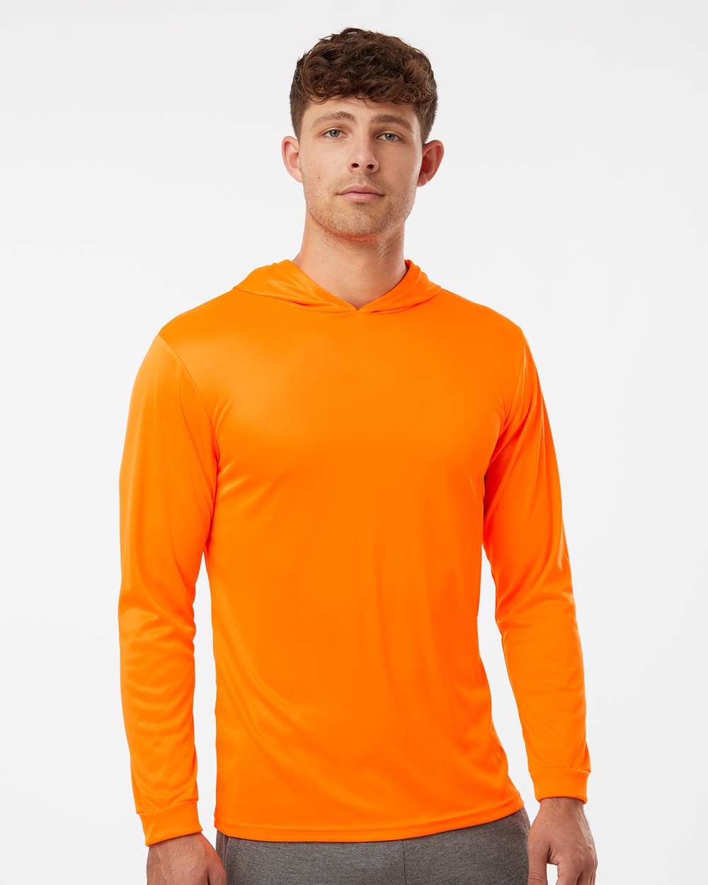 Unisex Bahama Performance Hooded Long Sleeve T-Shirt - OnModelFront - B10571662 - Neon Orange