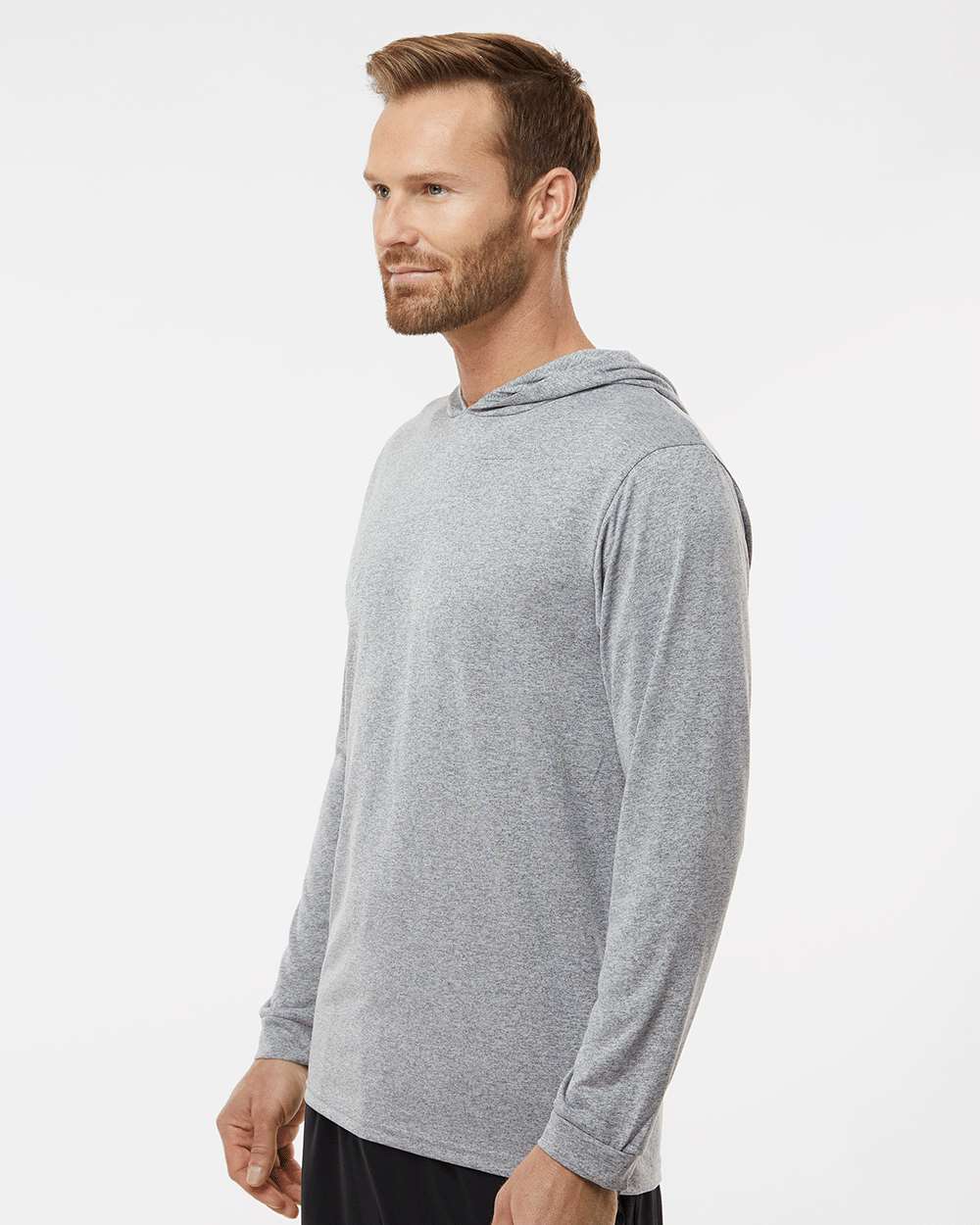 Unisex Bahama Performance Hooded Long Sleeve T-Shirt - OnModelSide - B10571082 - Heather Grey