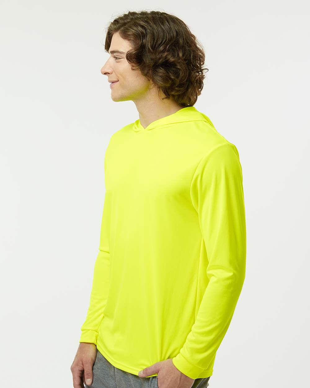 Unisex Bahama Performance Hooded Long Sleeve T-Shirt - OnModelSide - B10571162 - Safety Green