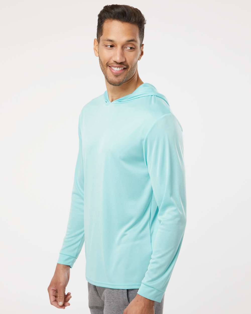 Unisex Bahama Performance Hooded Long Sleeve T-Shirt - OnModelSide - B10571172 - Aqua Blue