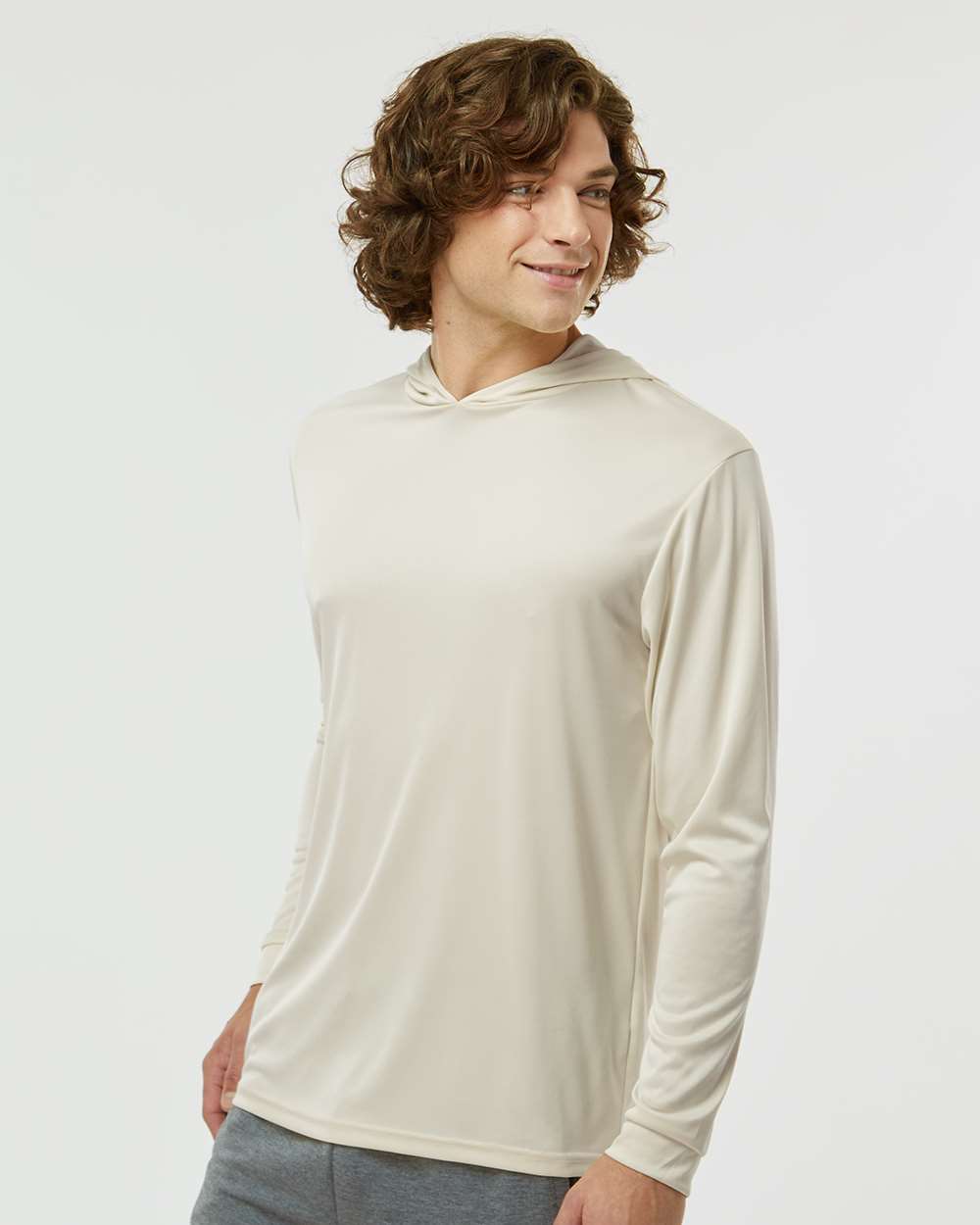 Unisex Bahama Performance Hooded Long Sleeve T-Shirt - OnModelSide - B10571242 - Sand