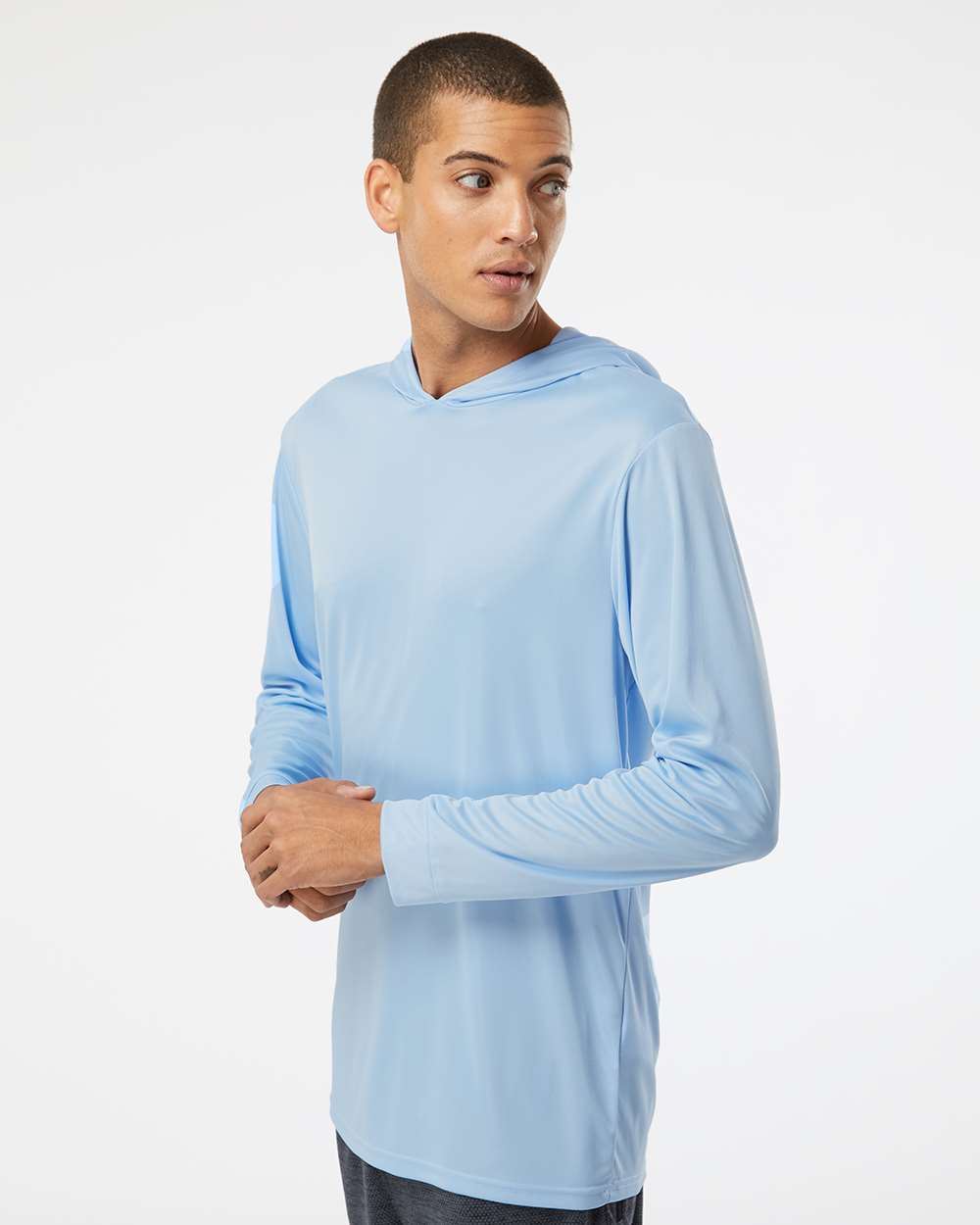 Unisex Bahama Performance Hooded Long Sleeve T-Shirt - OnModelSide - B10571262 - Blue Mist