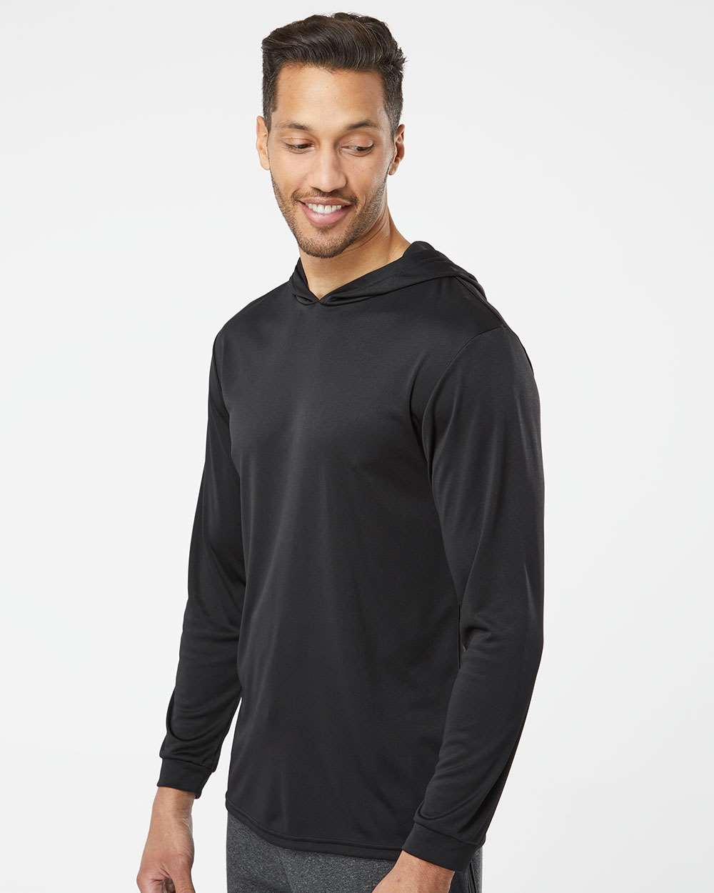 Unisex Bahama Performance Hooded Long Sleeve T-Shirt - OnModelSide - B10571502 - Black