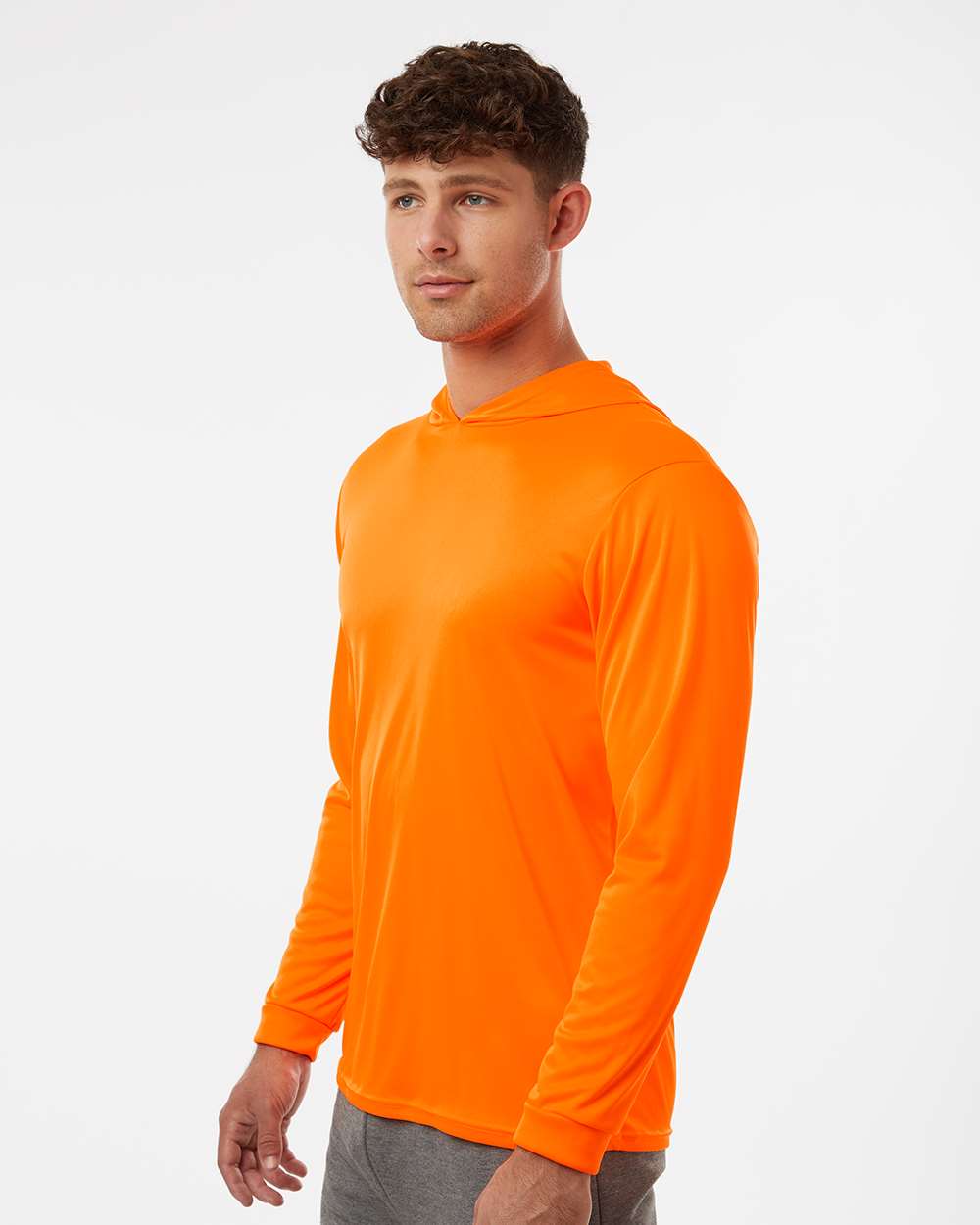 Unisex Bahama Performance Hooded Long Sleeve T-Shirt - OnModelSide - B10571662 - Neon Orange