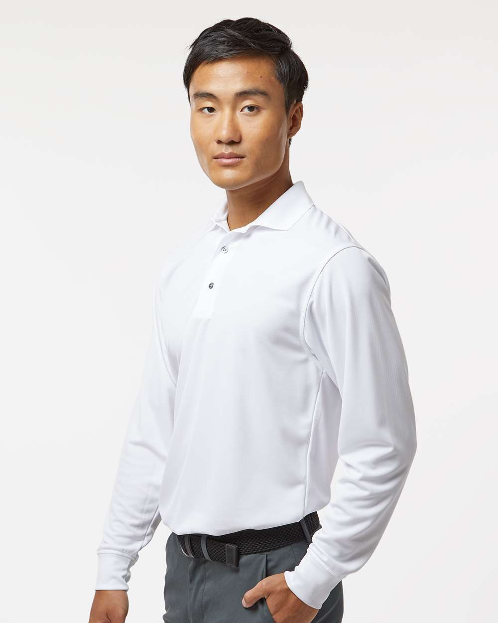 Men's Prescott Long Sleeve Polo - OnModelSide - B11371003 - White