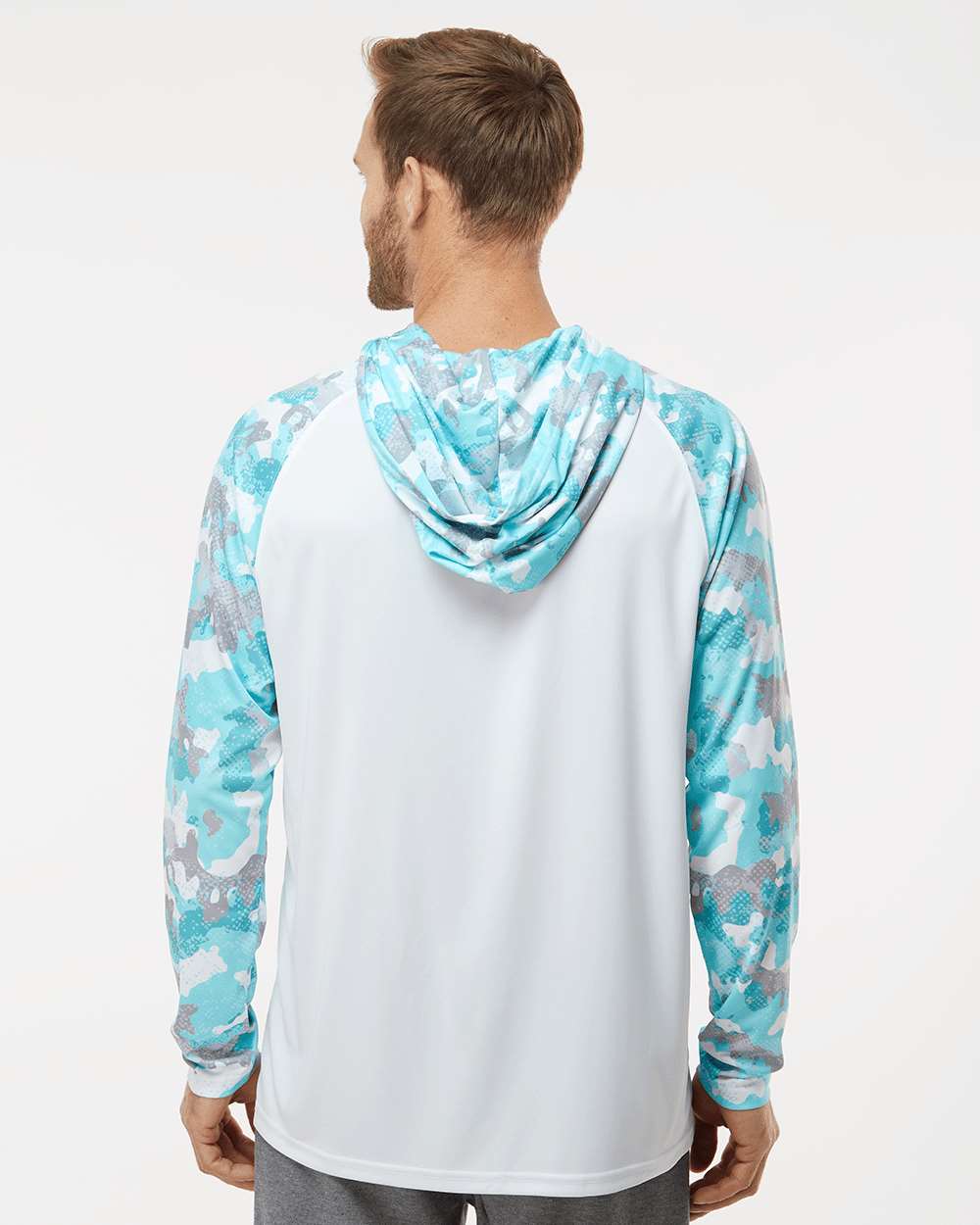 Unisex Tortuga Extreme Performance Hooded T-Shirt - OnModelBack - B14871112 - White/ Aqua Camo