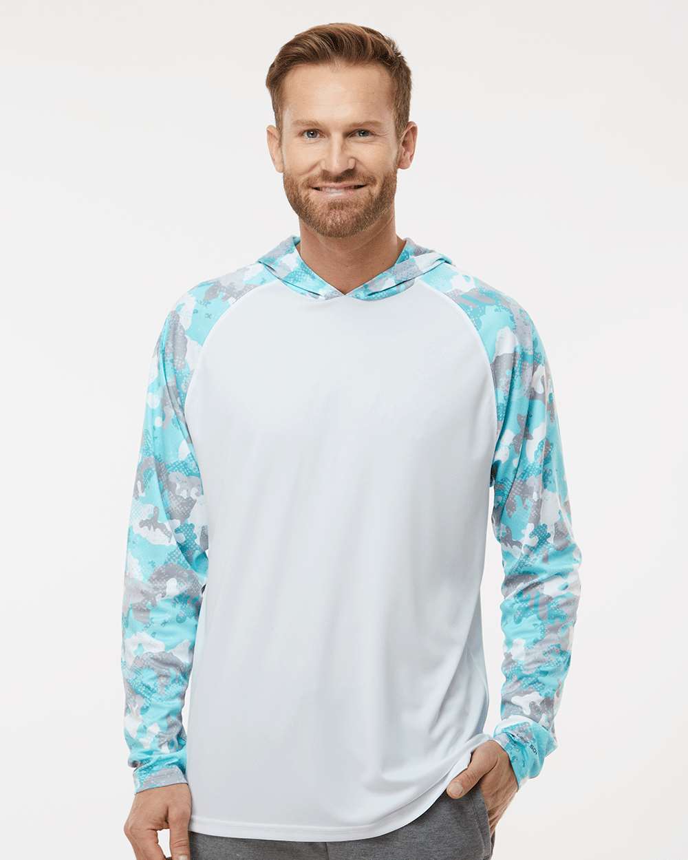 Unisex Tortuga Extreme Performance Hooded T-Shirt - OnModelFront - B14871112 - White/ Aqua Camo