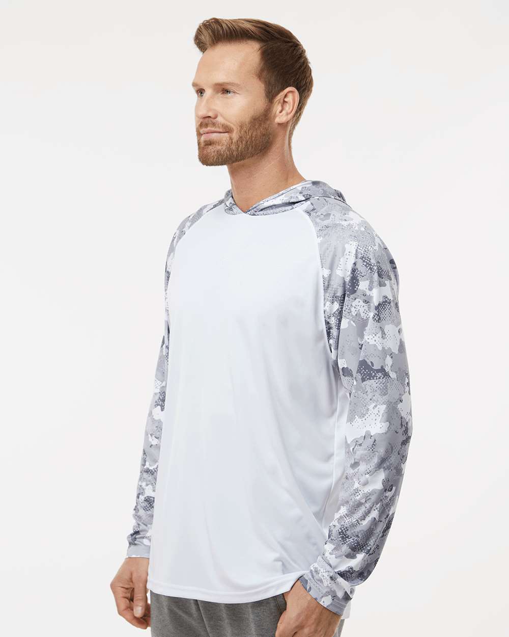 Unisex Tortuga Extreme Performance Hooded T-Shirt - OnModelSide - B14871102 - White/ Aluminum Camo