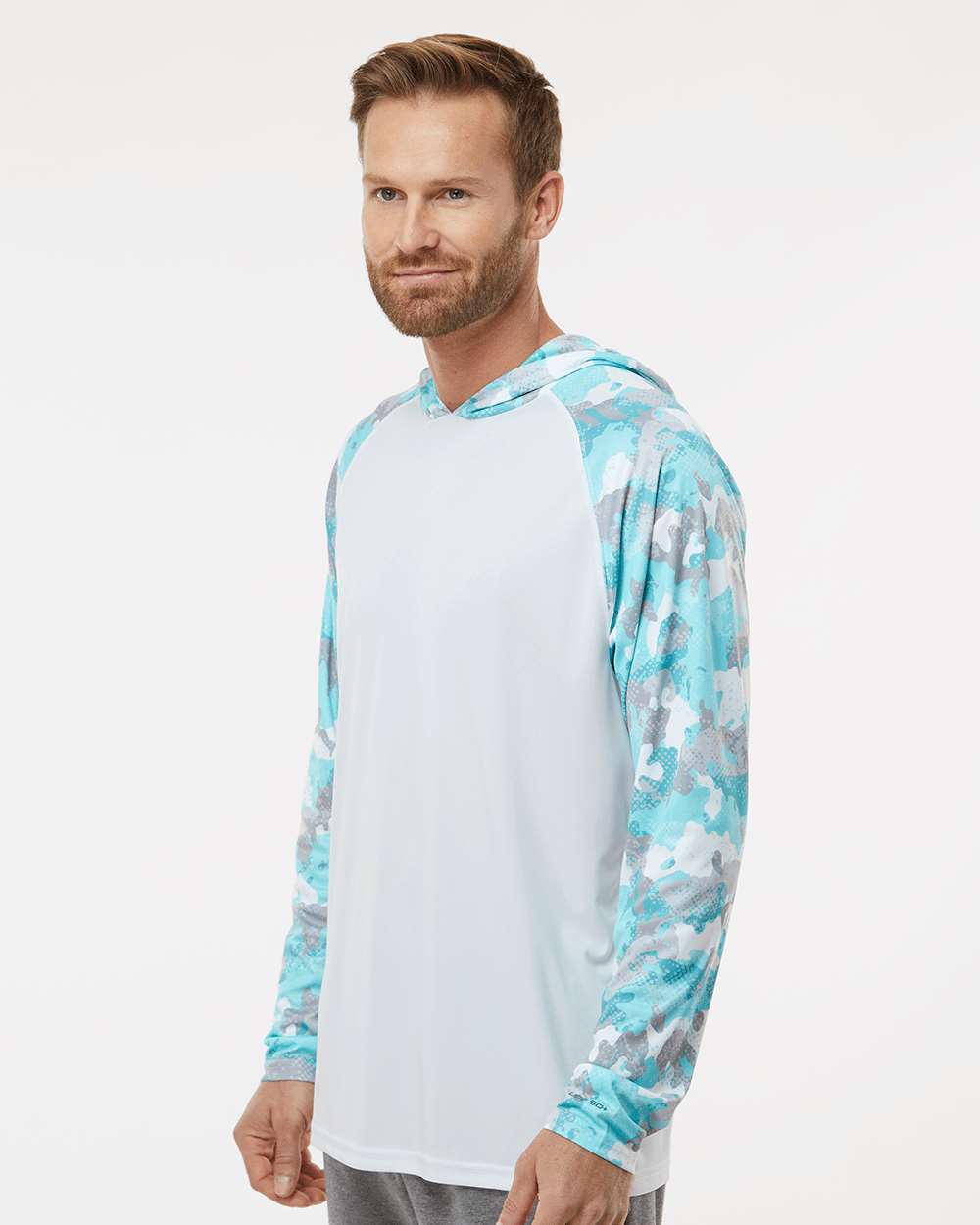 Unisex Tortuga Extreme Performance Hooded T-Shirt - OnModelSide - B14871112 - White/ Aqua Camo